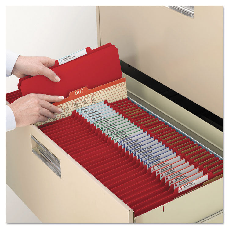 Smead™ 6-Section Pressboard Top Tab Pocket Classification Folders, 6 SafeSHIELD Fasteners, 2 Dividers, Letter Size, Bright Red,10/BX (SMD14082)