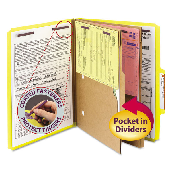 Smead™ 6-Section Pressboard Top Tab Pocket Classification Folders, 6 SafeSHIELD Fasteners, 2 Dividers, Letter Size, Yellow, 10/Box (SMD14084)