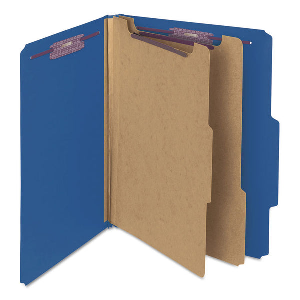 Smead™ Six-Section Pressboard Top Tab Classification Folders, Six SafeSHIELD Fasteners, 2 Dividers, Letter Size, Dark Blue, 10/Box (SMD14032)