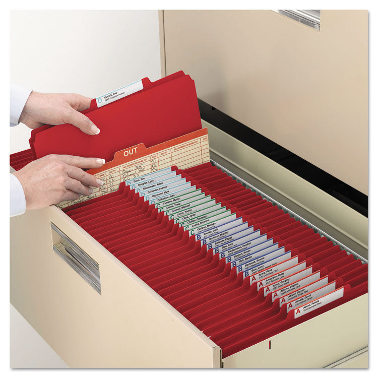 Smead™ Six-Section Pressboard Top Tab Classification Folders, Six SafeSHIELD Fasteners, 2 Dividers, Legal Size, Bright Red, 10/Box (SMD19031)
