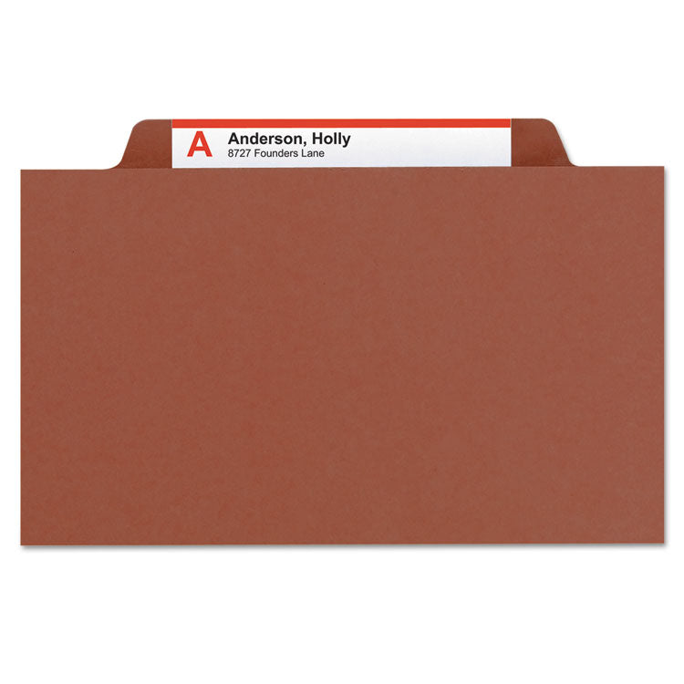 Smead™ Pressboard Classification Folders, Eight SafeSHIELD Fasteners, 2/5-Cut Tabs, 3 Dividers, Letter Size, Red, 10/Box (SMD14092)