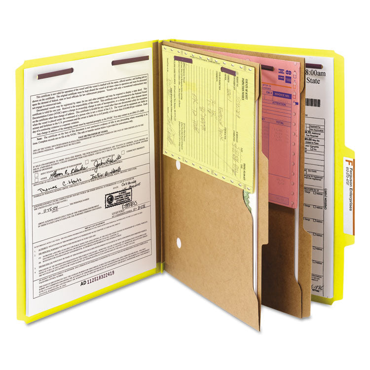 Smead™ 6-Section Pressboard Top Tab Pocket Classification Folders, 6 SafeSHIELD Fasteners, 2 Dividers, Letter Size, Yellow, 10/Box (SMD14084)