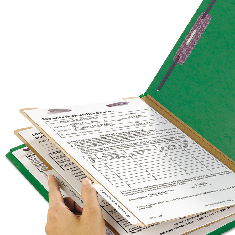 Smead™ Six-Section Pressboard Top Tab Classification Folders, Six SafeSHIELD Fasteners, 2 Dividers, Legal Size, Green, 10/Box (SMD19033)