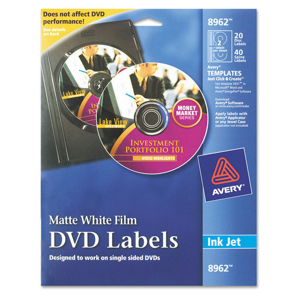 Avery® Inkjet DVD Labels, Matte White, 20/Pack (AVE8962)