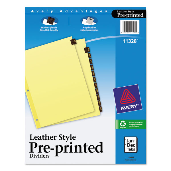 Avery® Preprinted Red Leather Tab Dividers with Clear Reinforced Edge, 12-Tab, Jan. to Dec., 11 x 8.5, Buff, 1 Set (AVE11328)