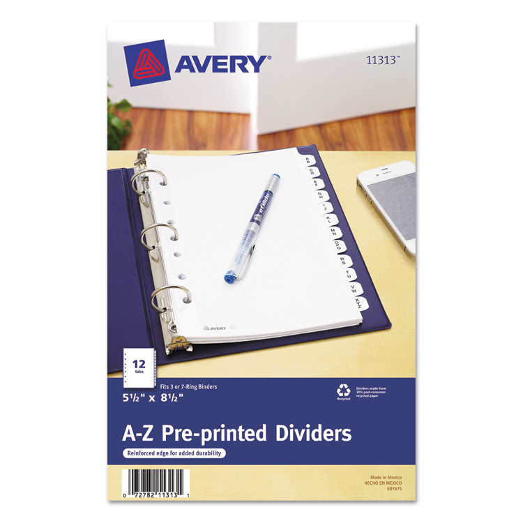 Avery® Preprinted Tab Dividers, 12-Tab, A to Z, 8.5 x 5.5, White, 1 Set (AVE11313)