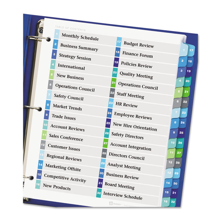 Avery® Customizable TOC Ready Index Double Column Multicolor Tab Dividers, 32-Tab, 1 to 32, 11 x 8.5, White, 1 Set (AVE11322)