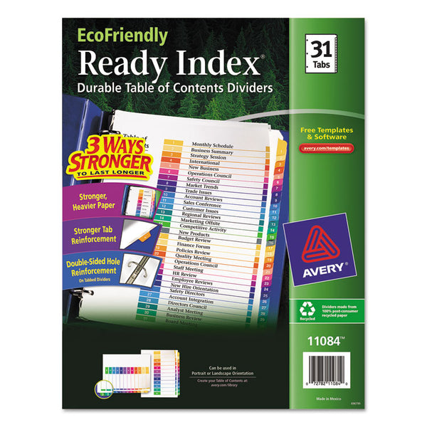 Avery® Customizable Table of Contents Ready Index Dividers with Multicolor Tabs, 31-Tab, 1 to 31, 11 x 8.5, White, 1 Set (AVE11084)