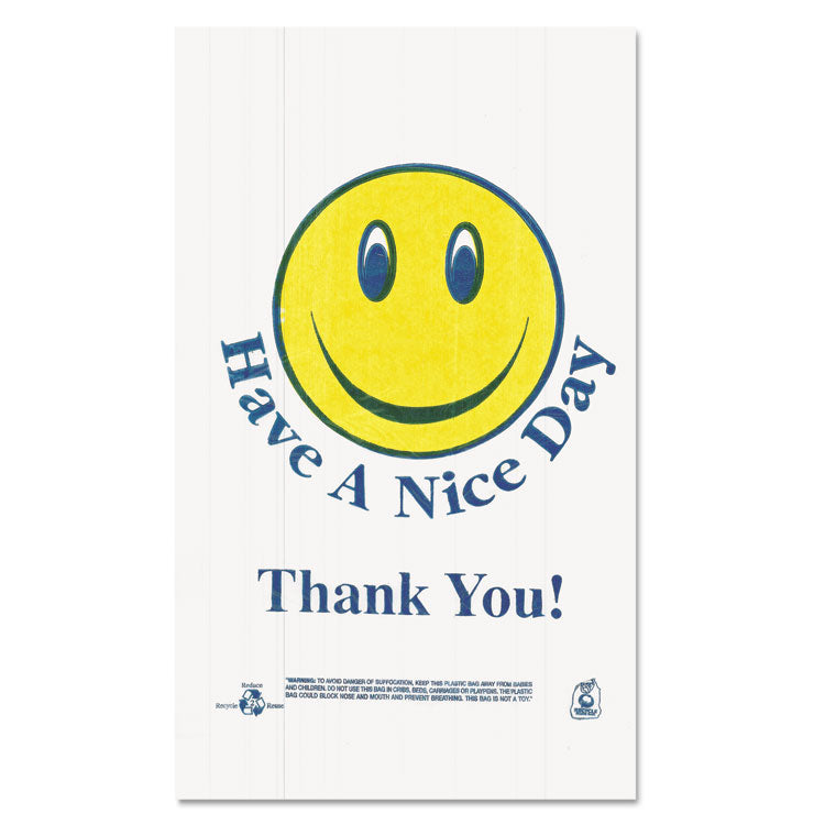 Barnes Paper Company Smiley Face Shopping Bags, 12.5 microns, 11.5" x 21", White, 900/Carton (BPCT16SMILEY) Case of 1000