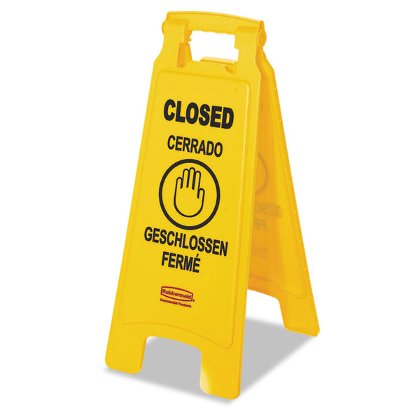 Rubbermaid® Commercial Multilingual "Closed" Sign, 2-Sided, 11 x 12 x 25, Yellow (RCP611278YEL) Each