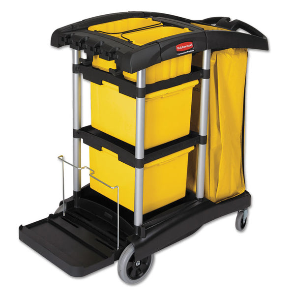 Rubbermaid® Commercial HYGEN™ HYGEN Microfiber Healthcare Cleaning Cart, Plastic, 3 Shelves, 5 Bins, 22" x 48.25" x 44", Yellow/Black/Silver (RCP9T73)