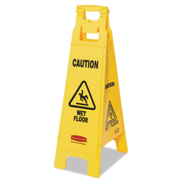 Rubbermaid® Commercial Caution Wet Floor Sign, 4-Sided, 12 x 16 x 38, Yellow (RCP611477YEL) Each