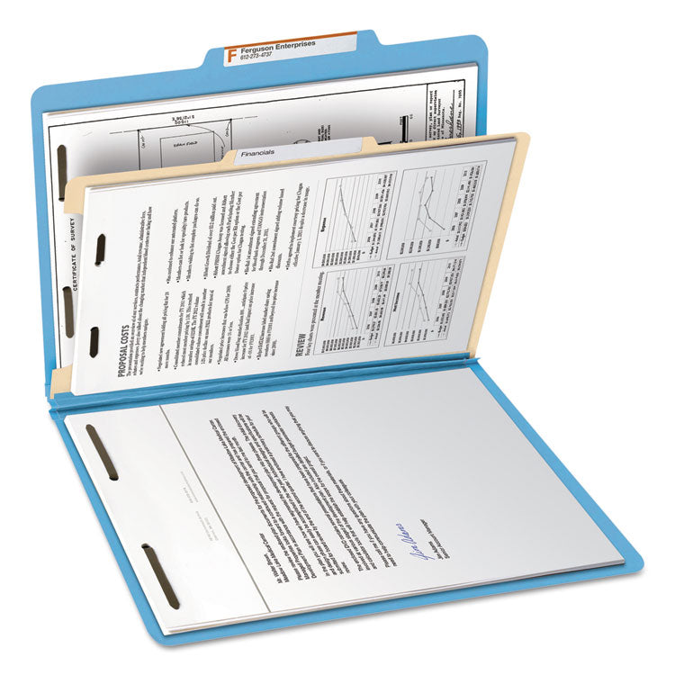 Smead™ Top Tab Classification Folders, Four SafeSHIELD Fasteners, 2" Expansion, 1 Divider, Letter Size, Blue Exterior, 10/Box (SMD13701)