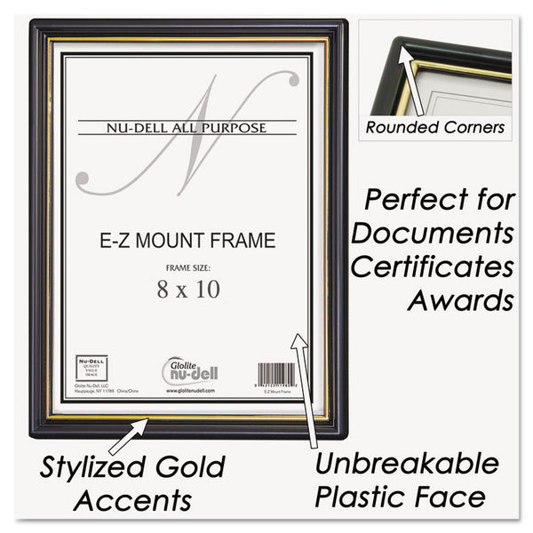 NuDell™ EZ Mount Document Frame with Trim Accent and Plastic Face, Plastic, 8 x 10, Black/Gold (NUD11800)