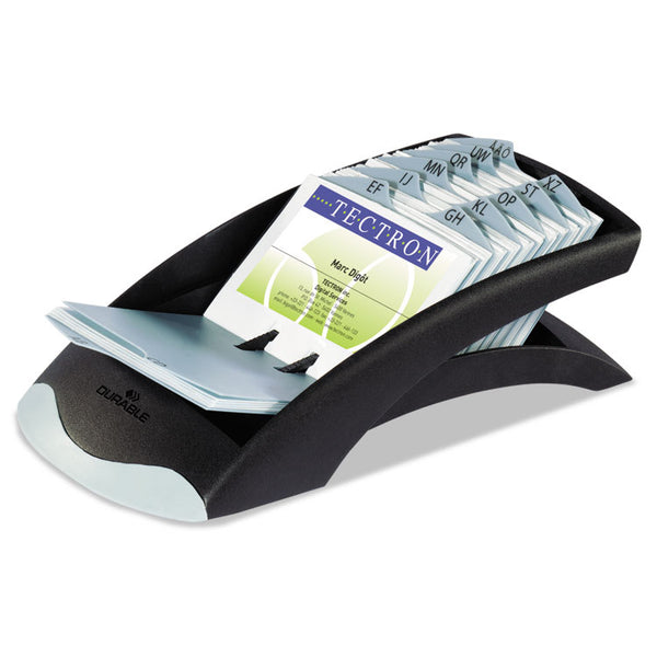 Durable® VISIFIX Desk Business Card File, Holds 200 2.88 x 4.13 Cards, 5 x 9.31 x 3.56, Plastic, Graphite/Black (DBL241301)