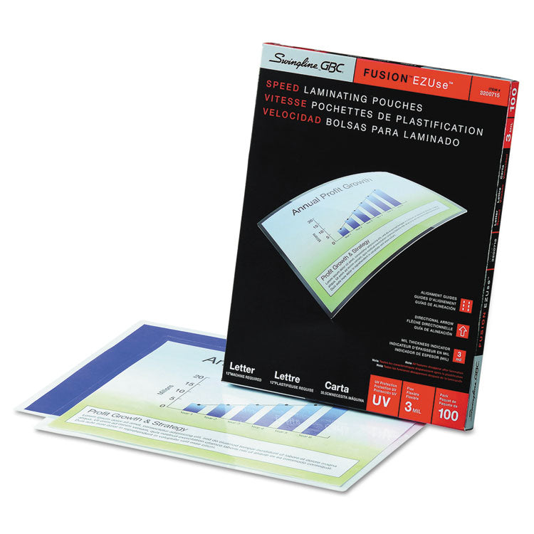 GBC® EZUse Thermal Laminating Pouches, 3 mil, 9" x 11.5", Gloss Clear, 100/Box (GBC3200715) Box of 100