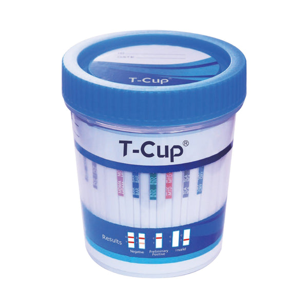 T-Cup® Drugs of Abuse Test Kit AMP, BAR, BUP, BZO, COC, mAMP/MET, MDMA, MOP, MTD, OXY, PCP, THC (CR, pH, SG) 25 Tests CLIA Waived (1185019_BX) 25/BX