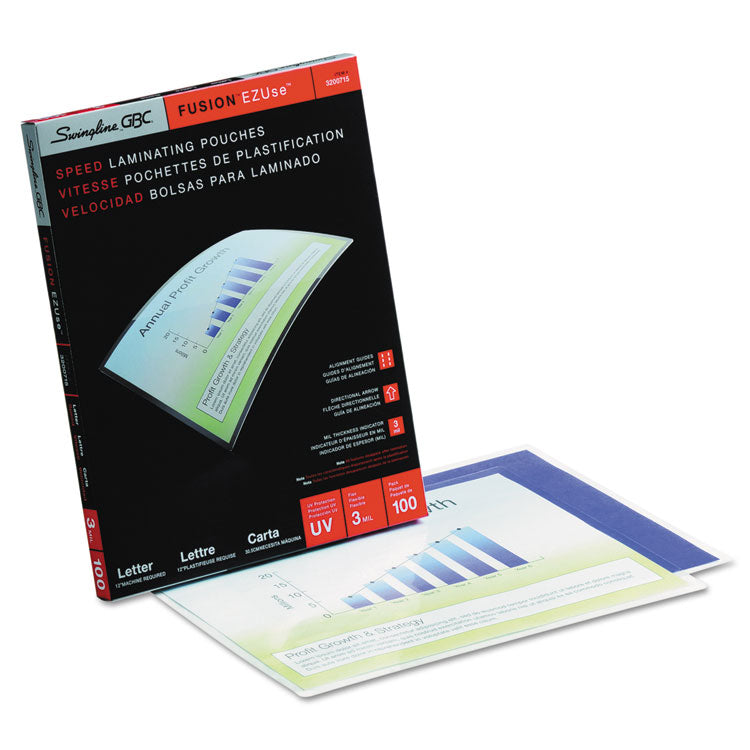 GBC® EZUse Thermal Laminating Pouches, 3 mil, 9" x 11.5", Gloss Clear, 100/Box (GBC3200715) Box of 100