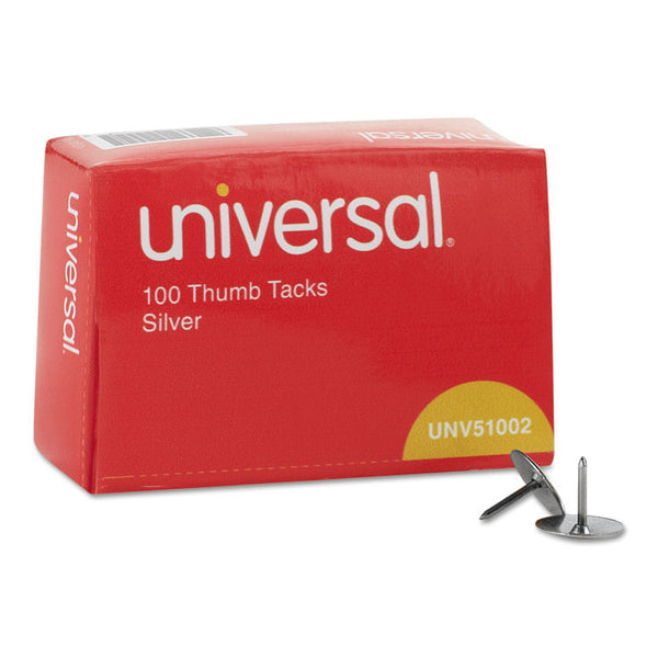 Universal® Thumb Tacks, Steel, Silver, 0.31", 100/Box (UNV51002)