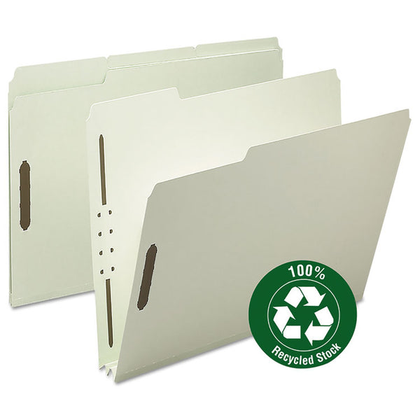 Smead™ Recycled Pressboard Fastener Folders, 2" Expansion, 2 Fasteners, Letter Size, Gray-Green Exterior, 25/Box (SMD15004)