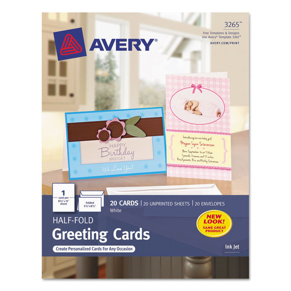 Avery® Half-Fold Greeting Cards with Matching Envelopes, Inkjet, 85 lb, 5.5 x 8.5, Matte White, 1 Card/Sheet, 20 Sheets/Box (AVE3265)