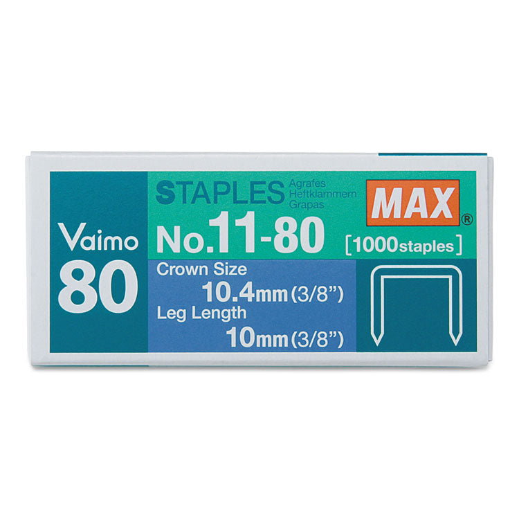 MAX Vaimo 11 Staples, 0.38" Leg, 0.5" Crown, Steel, 1,000/Box (MXBNO1180) Box of 1000