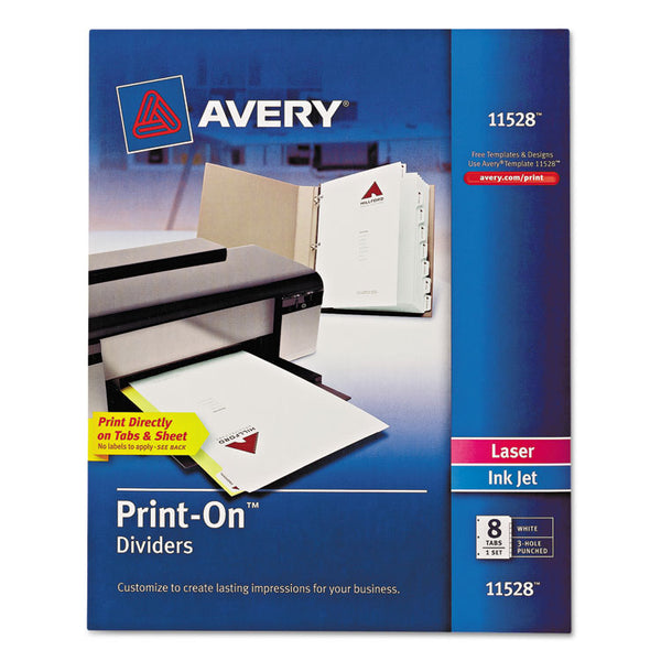 Avery® Customizable Print-On Dividers, 3-Hole Punched, 8-Tab, 11 x 8.5, White, 1 Set (AVE11528)