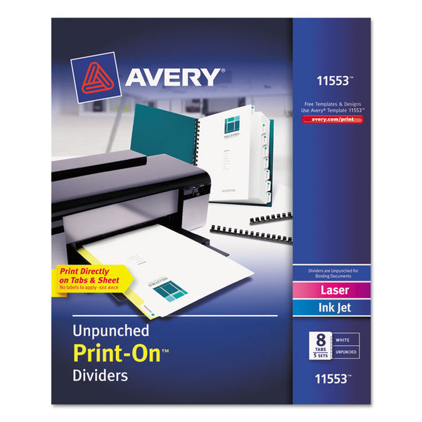 Avery® Customizable Print-On Dividers, Unpunched, 8-Tab, 11 x 8.5, White, 5 Sets (AVE11553)