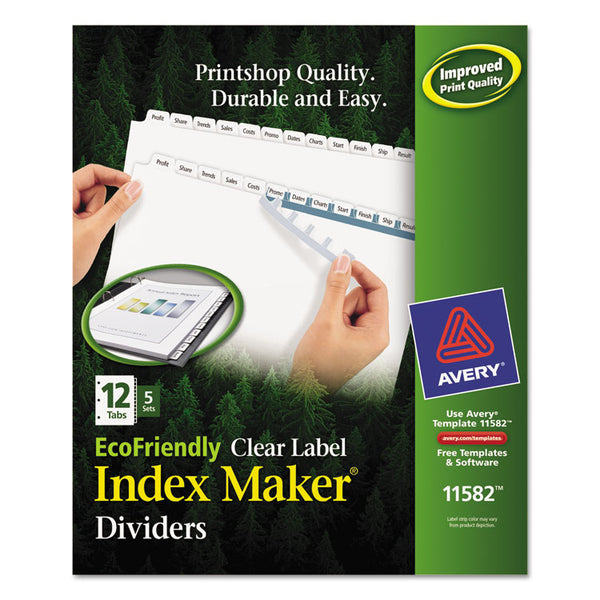 Avery® Index Maker EcoFriendly Print and Apply Clear Label Dividers with White Tabs, 12-Tab, 11 x 8.5, White, 5 Sets (AVE11582)