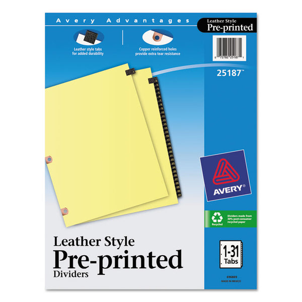 Avery® Preprinted Black Leather Tab Dividers w/Copper Reinforced Holes, 31-Tab, 1 to 31, 11 x 8.5, Buff, 1 Set (AVE25187)