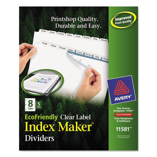 Avery® Index Maker EcoFriendly Print and Apply Clear Label Dividers with White Tabs, 8-Tab, 11 x 8.5, White, 5 Sets (AVE11581)