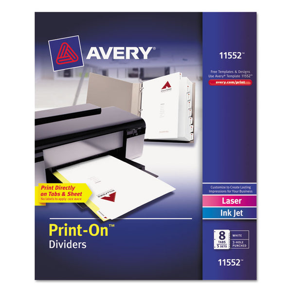 Avery® Customizable Print-On Dividers, 3-Hole Punched, 8-Tab, 11 x 8.5, White, 5 Sets (AVE11552)