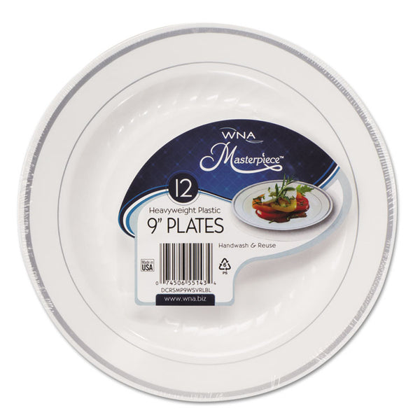 WNA Masterpiece Plastic Dinnerware, 9" dia, White/Silver, 10/Pack (WNARSM91210WSPK)
