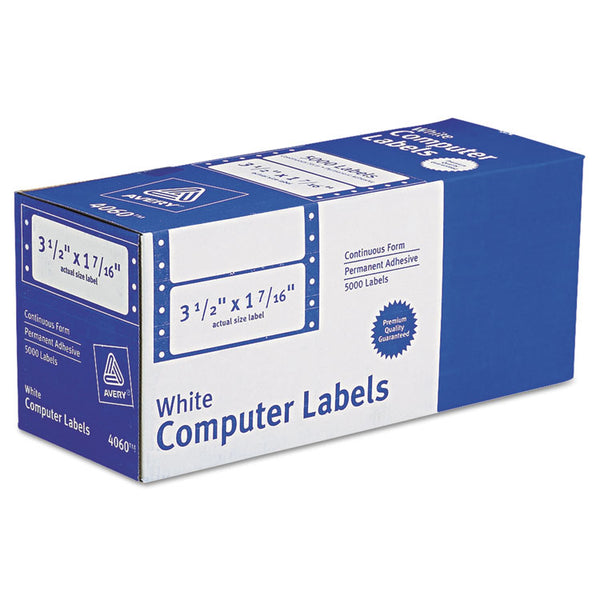 Avery® Dot Matrix Printer Mailing Labels, Pin-Fed Printers, 1.44 x 3.5, White, 5,000/Box (AVE4060)