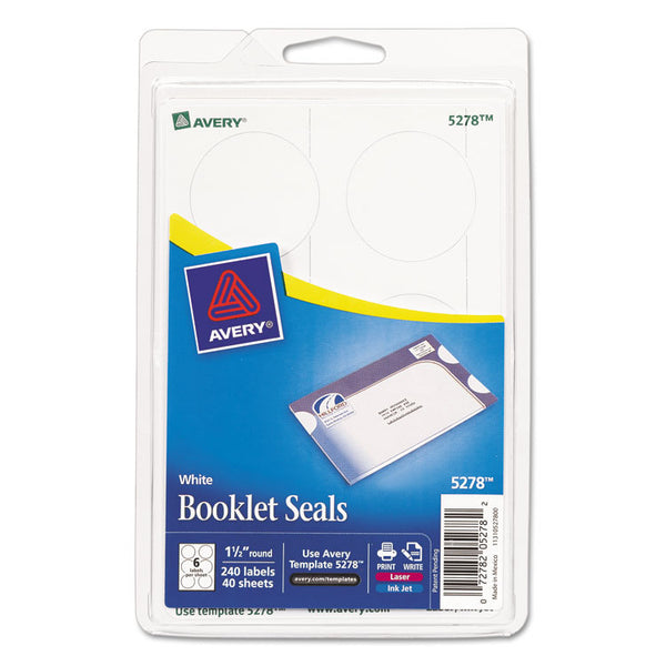 Avery® Printable Mailing Seals, 1.5" dia, White, 6/Sheet, 40 Sheets/Pack (AVE5278)