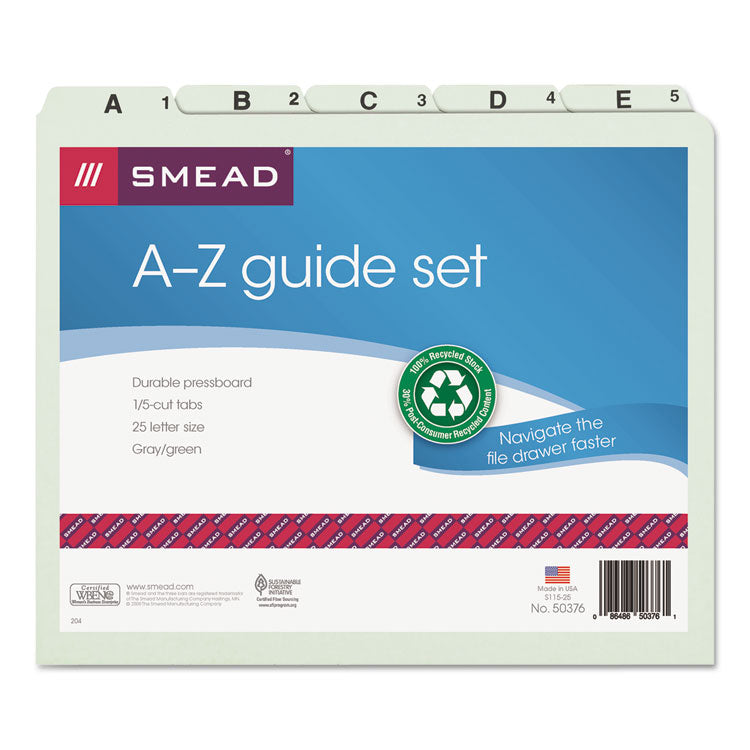 Smead™ Alphabetic Top Tab Indexed File Guide Set, 1/5-Cut Top Tab, A to Z, 8.5 x 11, Green, 25/Set (SMD50376)