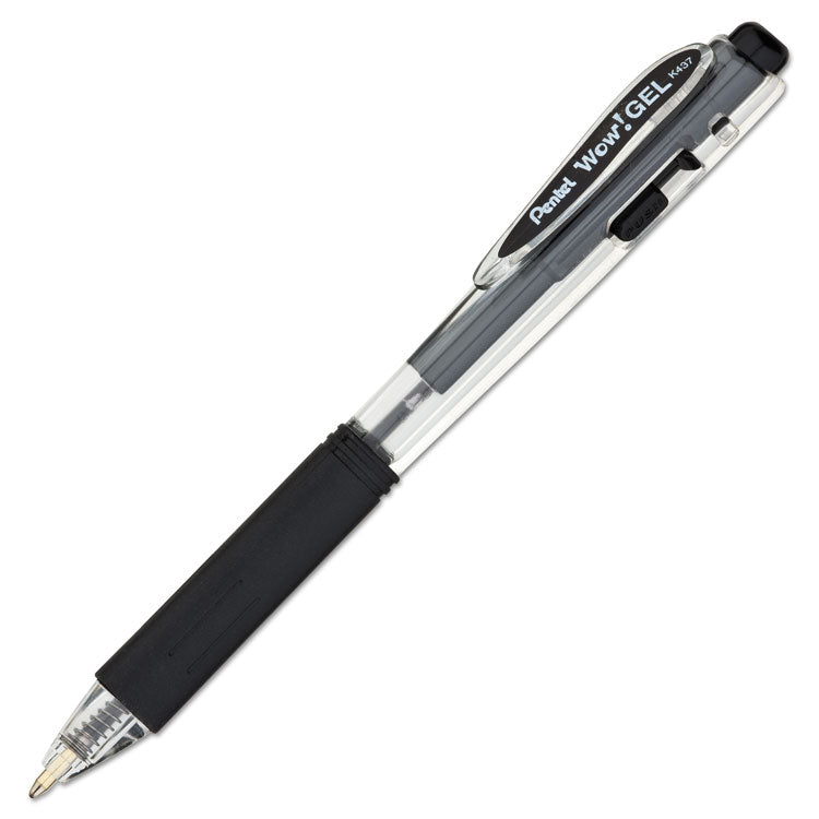 Pentel® WOW! Gel Pen Bonus Pack, Retractable, Medium 0.7 mm, Black Ink, Clear/Black Barrel, 24/Pack (PENK437ASW2) Pack of 24