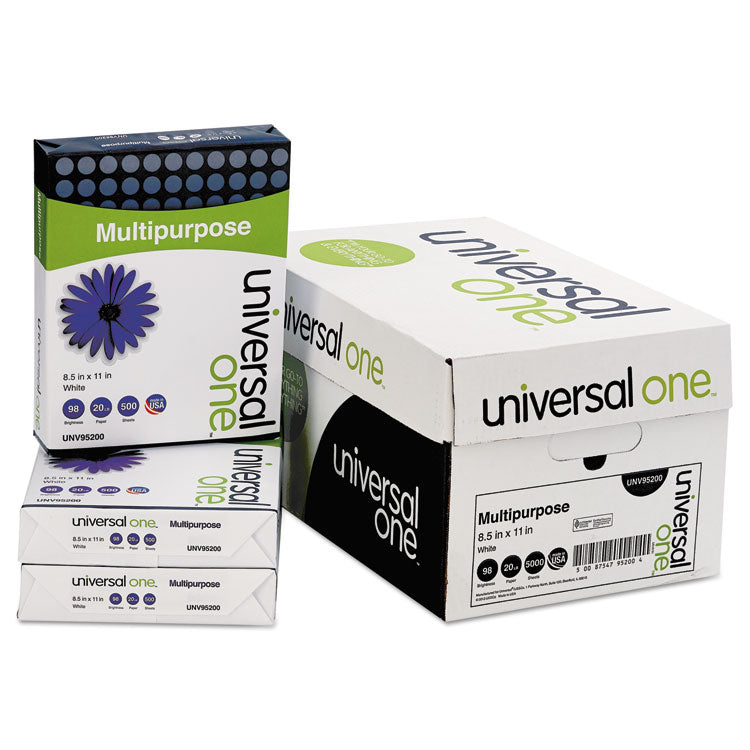 Universal® Deluxe Multipurpose Paper, 98 Bright, 20 lb Bond Weight, 8.5 x 11, Bright White, 500 Sheets/Ream, 10 Reams/Carton (UNV95200)