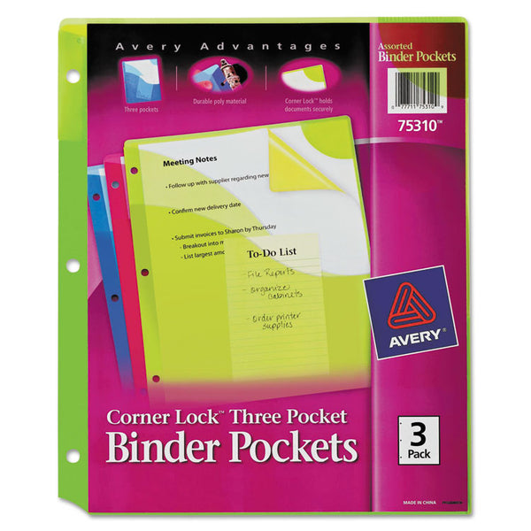 Avery® Corner Lock Three-Pocket Binder Pocket, 9.25 x 11.25, Assorted Color, 3/Pack (AVE75310)