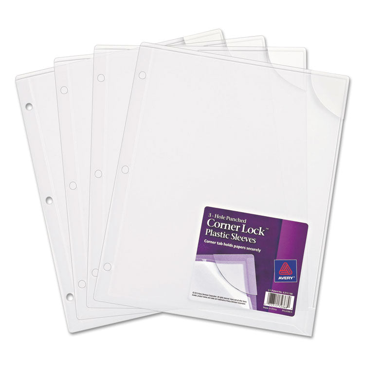 Avery® Three-Hole Punched Corner Lock Plastic Sleeves, 9.5 x 11.75, Clear, 4/Pack (AVE72269)