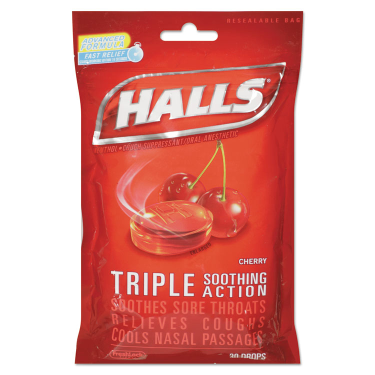 HALLS Triple Action Cough Drops, Cherry, 30/Bag, 12 Bags/Box (CDB27499) Box of 12 Bags