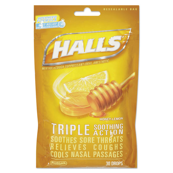 HALLS Triple Action Cough Drops, Honey-Lemon, 30/Bag, 12 Bags/Box (CDB28694) Box of 30