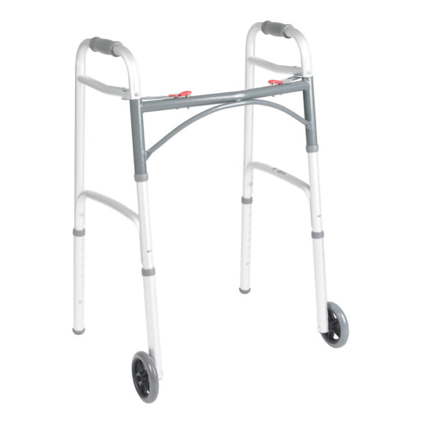 McKesson Dual Release Folding Walker with Wheels Adjustable Height Aluminum Frame 350 lbs. Weight Capacity 25 to 32-1/4 Inch Height (1128908_EA) 1/EA