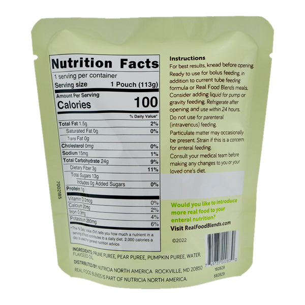 Real Food Blends® Mini Tube Feeding Formula Prunes / Pears / Pumpkin Flavor Liquid 4 oz. Pouch (1212925_CS) 12/CS