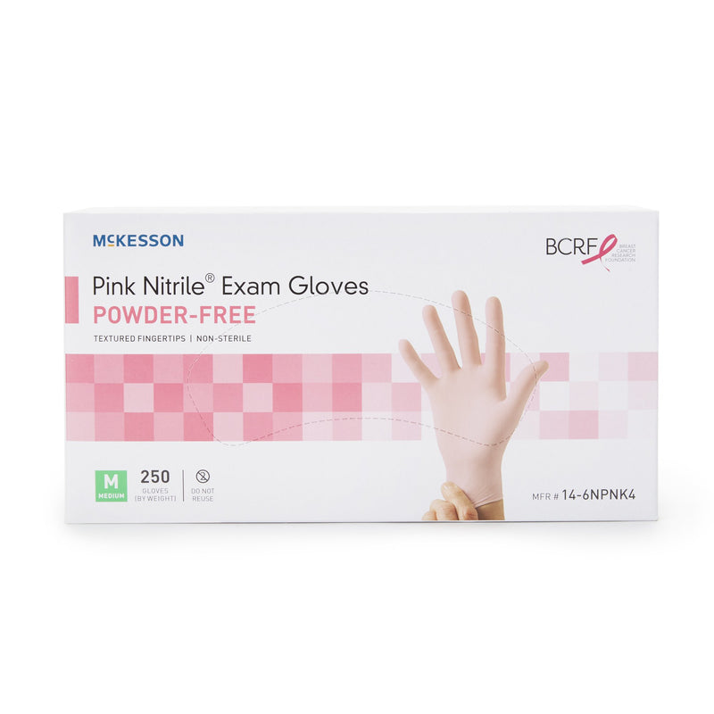 McKesson Pink Nitrile® Exam Glove Medium NonSterile Nitrile Standard Cuff Length Textured Fingertips Pink Not Rated (1065402_BX) 250/BX