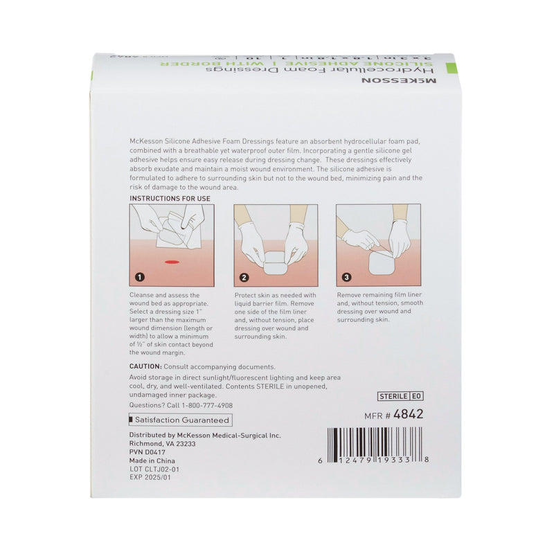 McKesson Foam Dressing 3 X 3 Inch With Border Film Backing Silicone Gel Adhesive Square Sterile (886431_BX) 10/BX