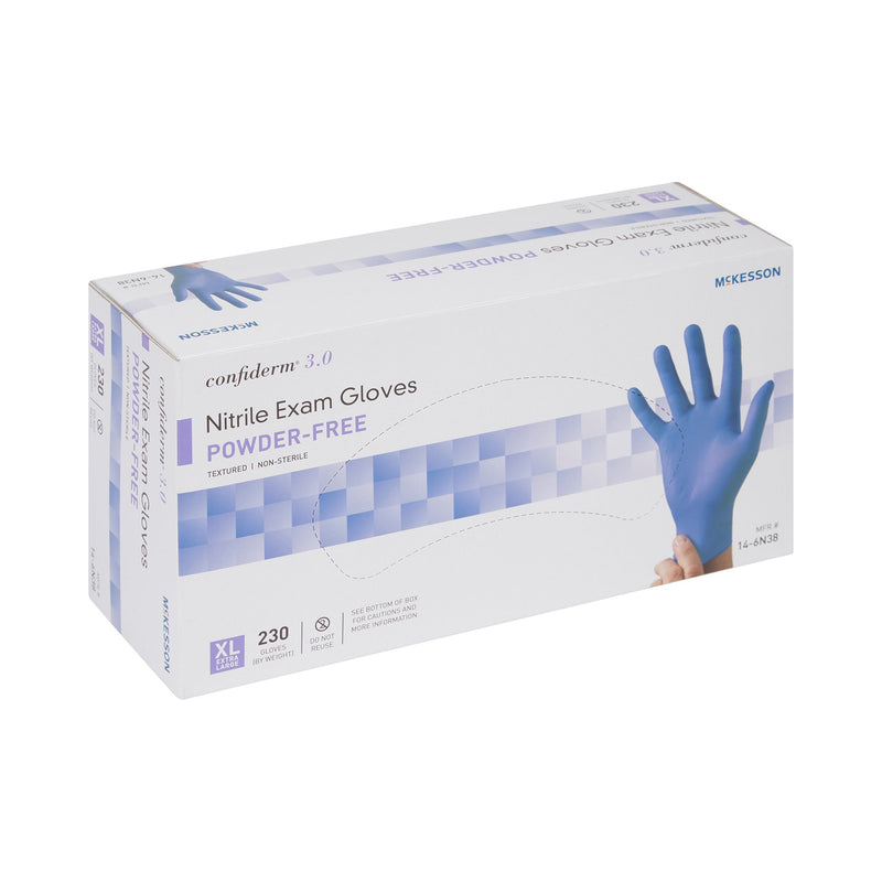 McKesson Confiderm® 3.0 Exam Glove X-Large NonSterile Nitrile Standard Cuff Length Textured Fingertips Blue Not Rated (957804_BX) 1/BX