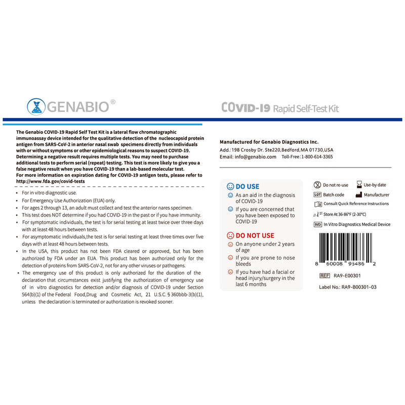 Genabio® Respiratory Test Kit COVID-19 Rapid Self-Test 1 Test per Kit (1271384_CS) 18/CS