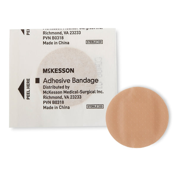 McKesson Adhesive Spot Bandage 1 Inch Plastic Round Tan Sterile (466877_BX) 100/BX
