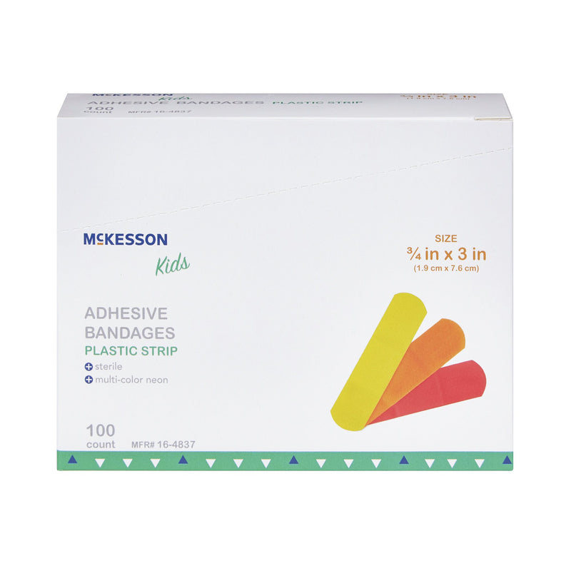 McKesson Kids™ Adhesive Strip 3/4 X 3 Inch Plastic Rectangle Neon Sterile (1055592_BX) 100/BX